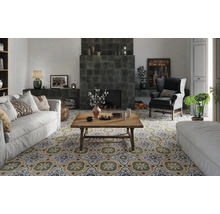 Salon avec carrelage à motifs décoratifs, canapé, fauteuil et cheminée