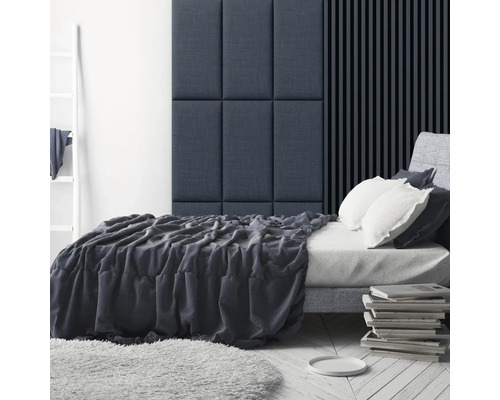 Wandkissen Leinenoptik dunkelblau Gewebte-Optik 30 x 60 cm Schlafzimmer mit Bett, Wandpaneelen und Teppich