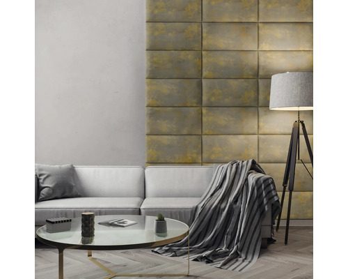 Coussin mural Print Gold béton aspect velours 30 x 60 cm Salon avec canapé, table et panneaux muraux