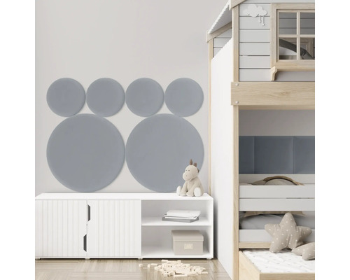 Coussin mural Riviera cercle bleu aspect velours 60 x 60 cm Chambre d''enfant avec panneaux acoustiques ronds, armoire blanche et lit superposé