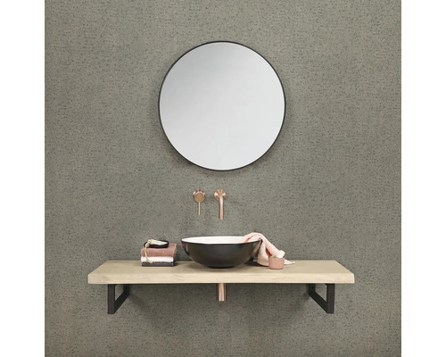 Lavabo de salle de bain avec miroir rond, plan vasque et robinetterie