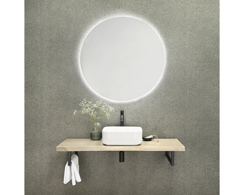 Badezimmerwaschtisch mit rundem Spiegel, Waschbecken, Armatur und Handtüchern