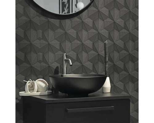 Salle de bain avec lavabo, robinet, miroir et carreaux muraux 3D