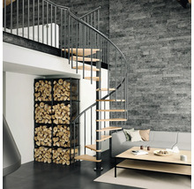 Intérieur avec escalier en colimaçon, étagère à bois et mur en pierre grise