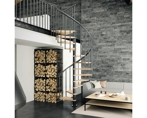 Intérieur avec escalier en colimaçon, étagère à bois et mur en pierre grise