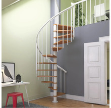 Image d''intérieur avec un escalier en colimaçon en bois et en métal menant à un étage supérieur.