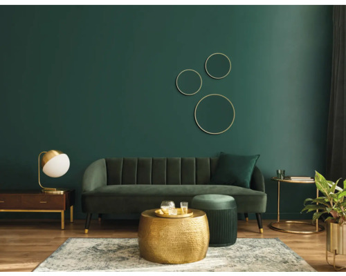 Salon avec canapé, table basse, tapis et décoration devant un mur vert