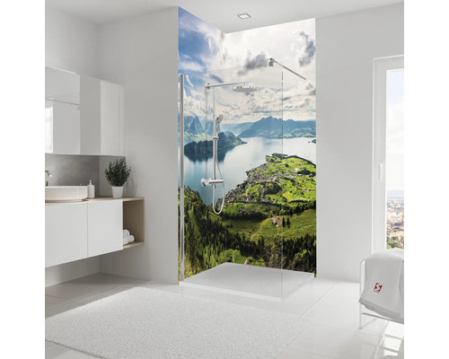 Salle de bains avec cabine de douche et motif de paysage