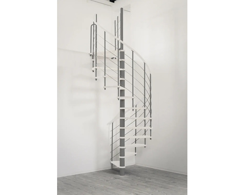 Raumansicht mit Wendeltreppe mit Stahlseilgeländer