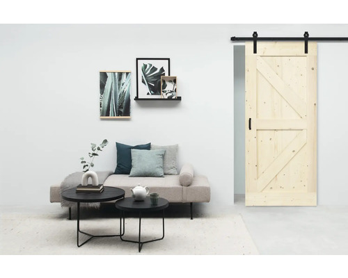 Wohnraum mit Schiebetür aus Holz, Couch und Dekoration