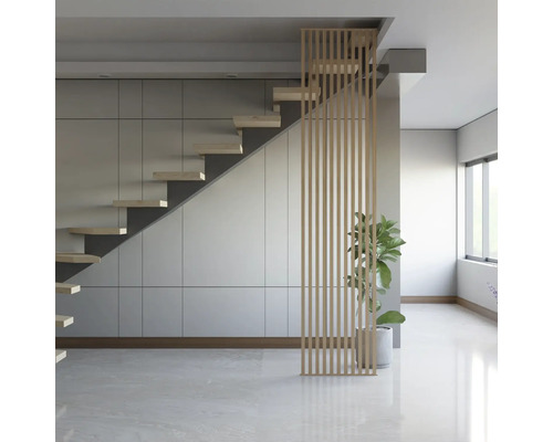 Pièce claire avec escalier, séparation de pièce en bois et plante d''intérieur