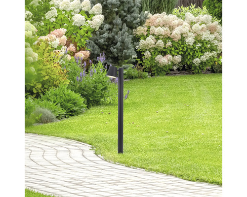 Szene mit einer Gartenlampe in einem gepflegten Garten mit Blumen und Pflanzen.