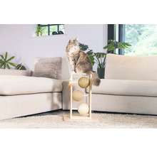 Chat assis sur un arbre à chat avec trois balles de jeu dans le salon