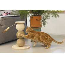 Chat jouant avec un arbre à chat en bois et en sisal