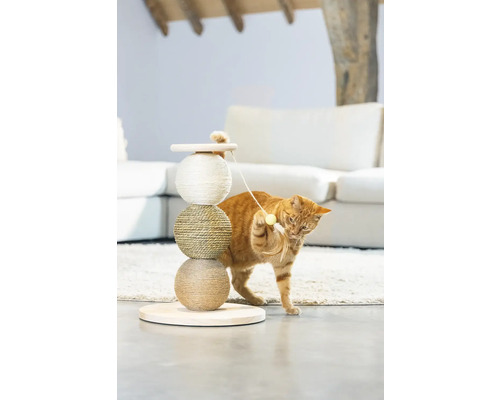 Chat jouant avec un arbre à chat à trois boules