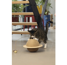 Un chat tigré joue avec un griffoir en forme de planète avec une souris jouet.