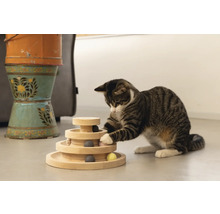 Un chat tigré joue avec un jouet d''intelligence en bois.