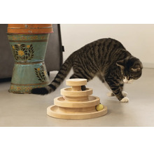 Chat tigré jouant avec un jouet interactif en bois à plusieurs niveaux