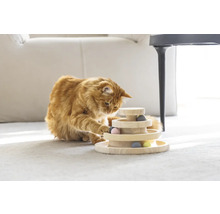 Chat jouant avec un jouet pour chat en bois à plusieurs niveaux