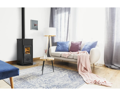 Salon avec poêle à bois, canapé et tapis pour une atmosphère chaleureuse