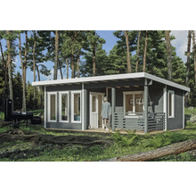 Modernes Gartenhaus aus Holz mit Flachdach, Fenstern und Grill im Aussenbereich.