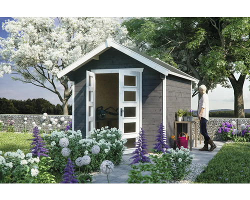 Abri de jardin SKAN HOLZ Hengelo avec plancher 280 x 355 cm gris ardoise Abri de jardin avec portes ouvertes et une femme dans le jardin
