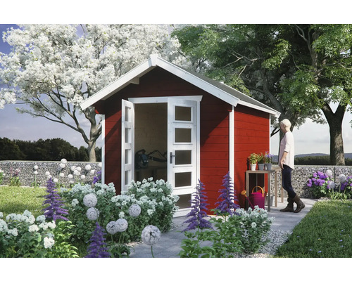 Abri de jardin SKAN HOLZ Hengelo avec plancher 280 x 355 cm rouge de Falun Abri de jardin rouge avec portes doubles ouvertes et jardin soigné