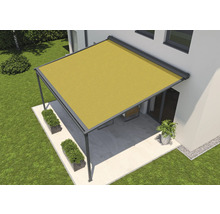 Terrassenüberdachung mit Stoffdach, Gartenmöbel und Pflanzen