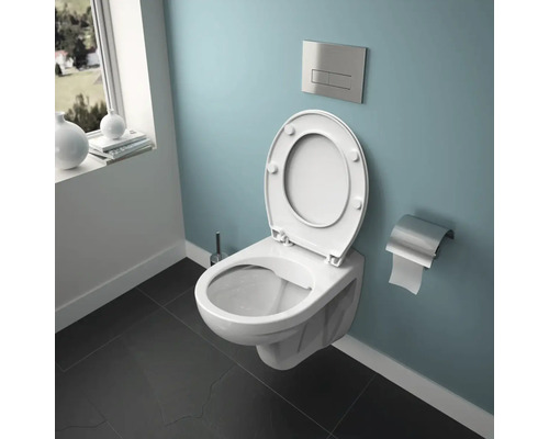 WC suspendu avec bride ouverte et siège de WC dans une salle de bain