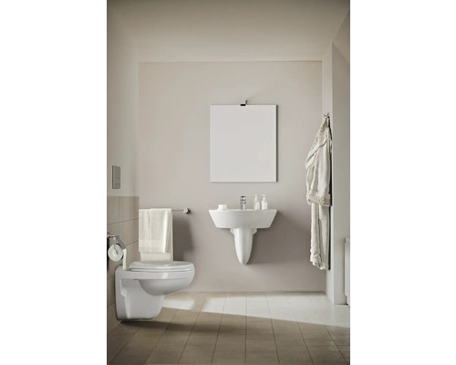 Salle de bains lumineuse avec toilettes, lavabo et miroir