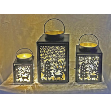 Trois lanternes décoratives avec motif de cerf et éclairage LED