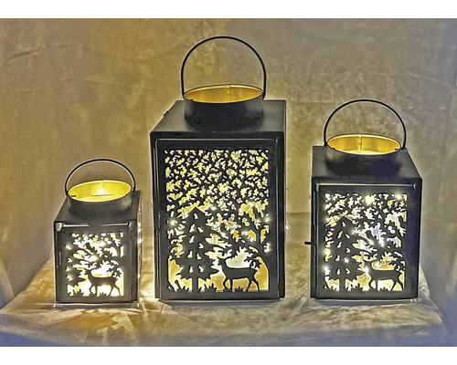 Trois lanternes décoratives avec motif de cerf et éclairage LED