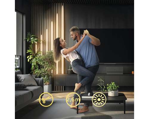 Paar tanzt in einem Wohnzimmer mit Stehleuchte und Zimmerpflanzen