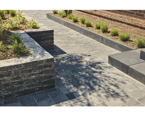 Photo extérieure d''un jardin avec des pavés, un mur et de la végétation.