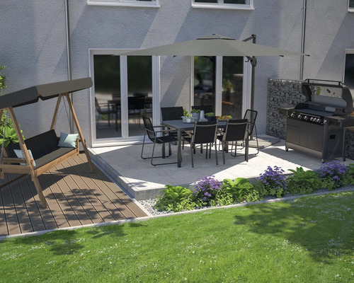 Terrasse avec barbecue de jardin, salon de jardin et balançoire