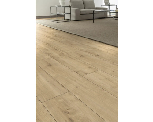 Revêtement de sol stratifié dans un salon avec canapé et tapis