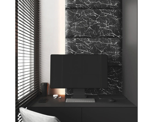 Coussin mural marbre de Carrare noir aspect velours 30 x 60 cm Bureau avec bureau, ordinateur et panneaux muraux aspect marbre