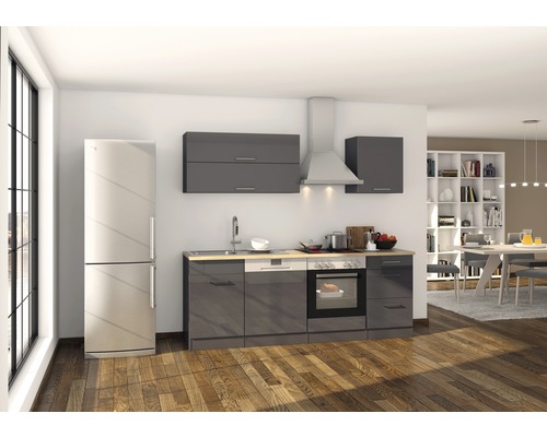 Küchenzeile mit Geräten Held Möbel Mailand 220 cm Frontfarbe grau Korpusfarbe graphit 564.1.6211