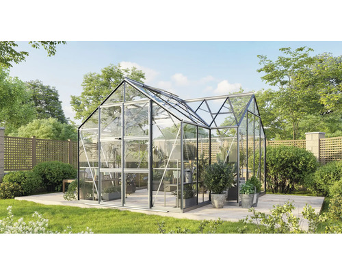 Serre de jardin avec plantes et structure en verre