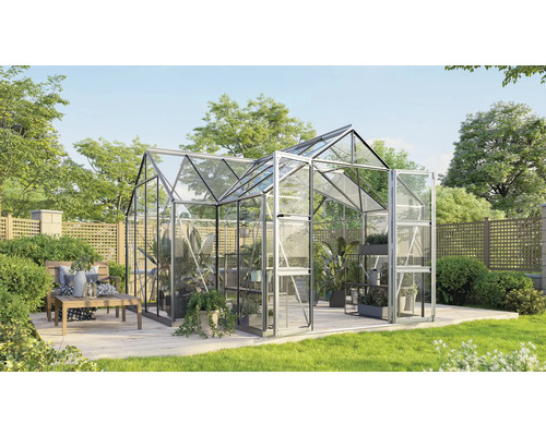 Gewächshaus Vitavia Clarus Sicherheitsglas 3 mm inkl. Stahlfundamentrahmen 383 x 383 cm silber Gewächshaus Vitavia Clarus Sicherheitsglas 3 mm inkl. Stahlfundamentrahmen 383 x 383 cm silber