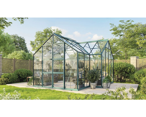 Serre Vitavia Clarus verre de sécurité 3 mm avec cadre de fondation acier 383 x 383 cm émeraude