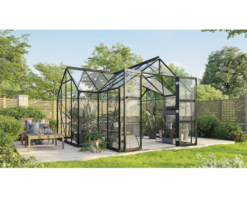 Serre Vitavia Clarus Sicherheitsglas 3 mm avec cadre de fondation acier 383 x 383 cm noir