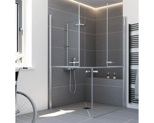 Begehbare Duschkabine mit Glaswänden und Armaturen in einem modernen Badezimmer