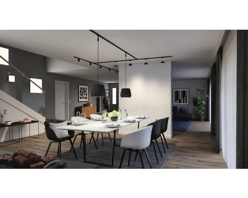 Esszimmer mit Esstisch, Stühlen und schwarzer Deckenbeleuchtung