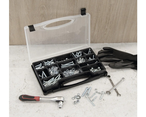 Boîte d''assortiment avec vis, écrous, rondelles, clé à cliquet, clé plate et gants de travail