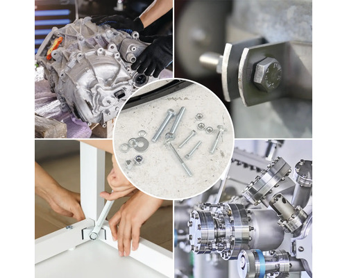 Collage de montage avec différents éléments mécaniques et de fixation.