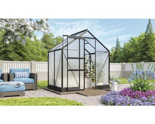 Serre avec plantes dans le jardin