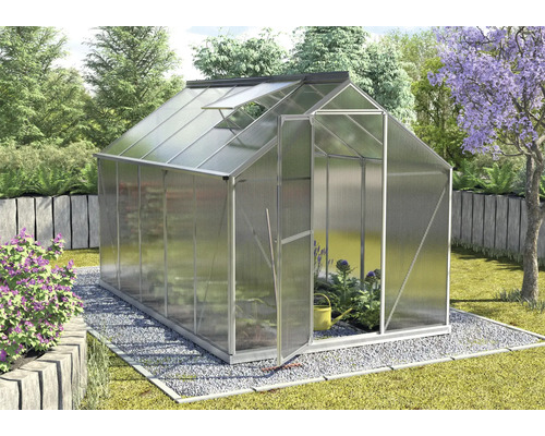 Serre avec porte ouverte et lucarne dans le jardin