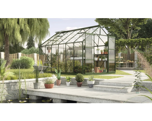 Serre dans le jardin avec des plantes, des fleurs et des outils de jardinage