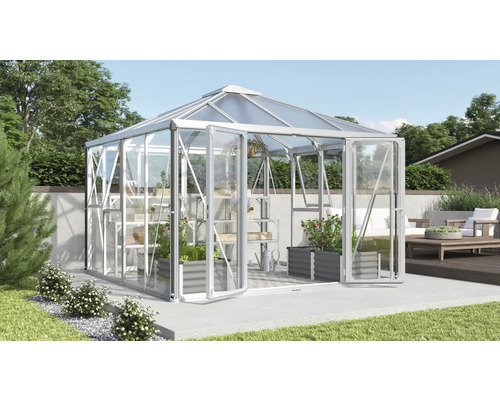 Serre avec plantes et étagères dans le jardin